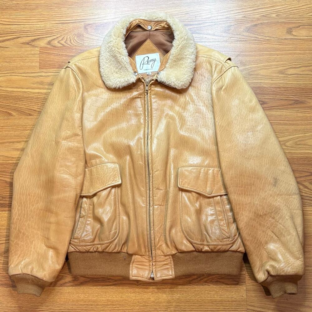 Vintage 1980s Remy Leather Bomber Tan Jacket Mens Large USA Shearling Collar